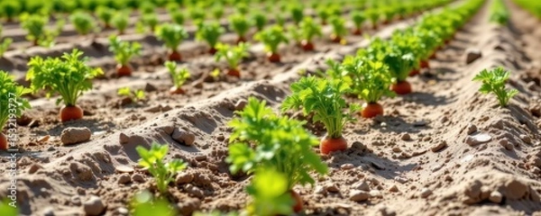 Obraz field of carrots growing in sandy soil, irrigation lines between rows, green tops catching sun.