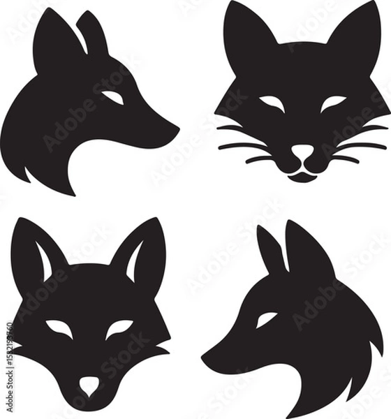 Fototapeta A set of fox head flat black vector illustration