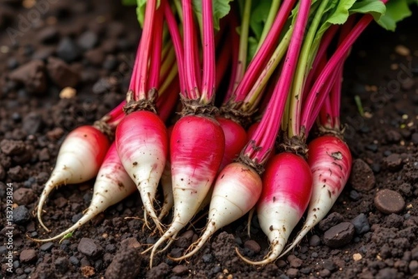 Obraz radish roots being pulled from soil, vibrant red and white skins, clean summer harvest image.