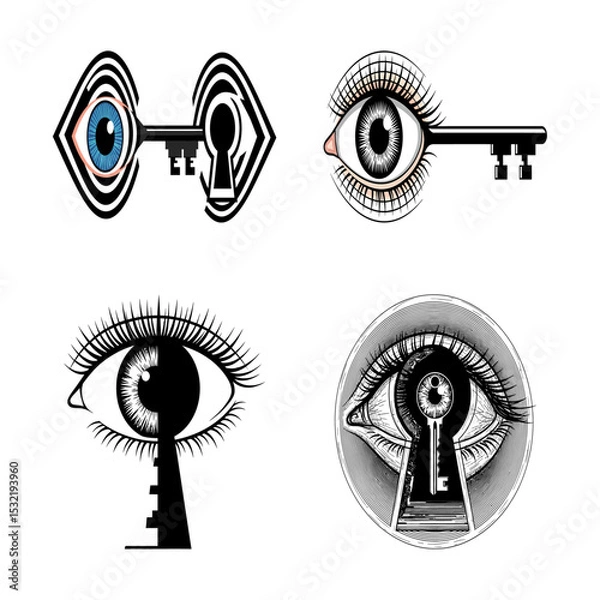 Fototapeta A collection of eye and key illustrations eyelashes and irises intricate linework, keyhole graphic design aesthetic on transparent background. 