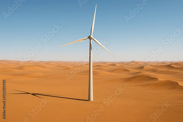 Fototapeta Wind Turbine in Scorching Desert – Renewable Energy Tower in Arid Heat with Blue Sky

