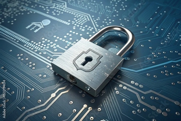 Fototapeta Secure digital data protection padlock on circuit board technology background illustrating online safety and cybersecurity