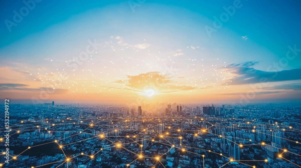 Fototapeta Smart city with connection network reciprocity over the cityscape social media networking systems that connects on the peak of success amid tall, innovative Smart city and graphs with statistics