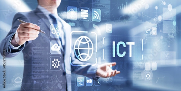 Fototapeta ICT - Information and communication technology concept on virtual screen.