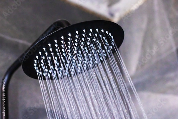 Fototapeta A sleek black shower head with refreshing water flowing out of it