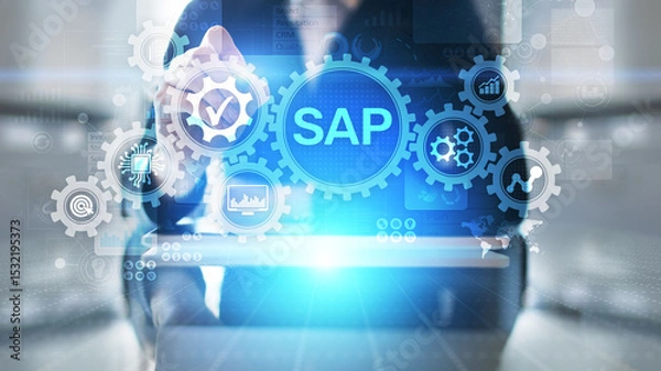 Fototapeta SAP - Business process automation software. ERP enterprise resources planning system concept on virtual screen.