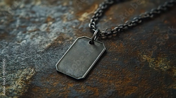 Fototapeta Close up of a metal dog tag pendant necklace on a textured dark surface with a chain visible