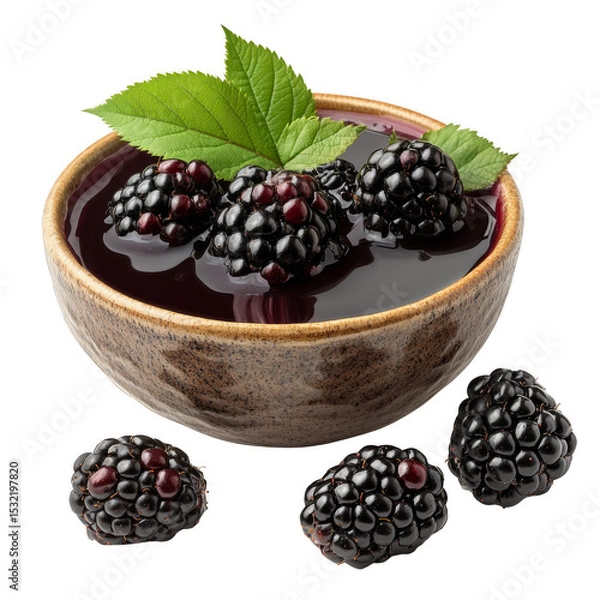Obraz A rustic bowl filled with blackberry jam, topped with fresh blackberries and green leaves, accompanied by additional blackberries beside the bowl. Png, Transparent background.