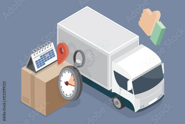 Fototapeta Logistics, delivery and online shopping concept. Delivery van with box, calendar and stopwatch. 3d vector flat isometric Illustration.