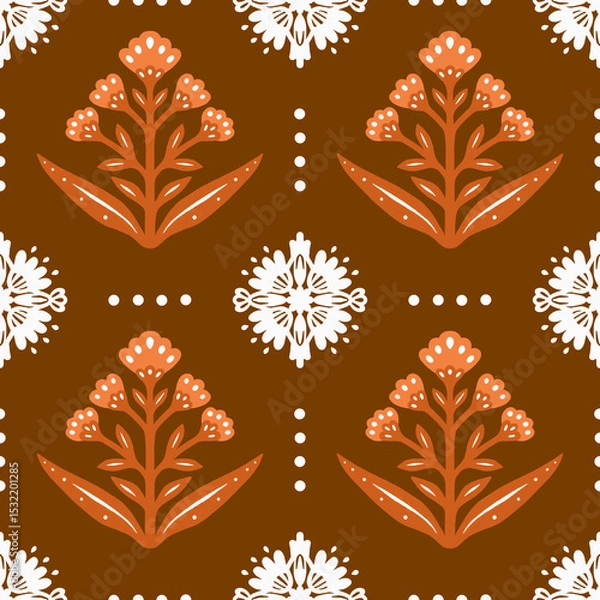 Fototapeta Floral repeat seamless pattern in brown and white colors. Geometrical symmetrical abstract flowers and white mandala  lace ornaments in block print inspired endless backdrop