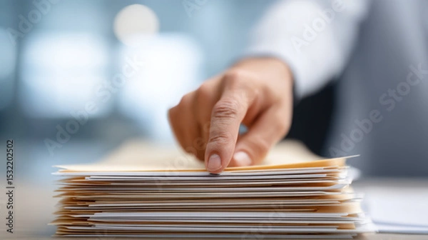 Obraz Person in formal attire is pointing at large stack of legal or official documents on desk, indicating review or selection process, in professional office setting