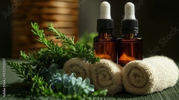 Fototapeta aromatherapy in spas uses essential oils to stimulate the limbic system, helping to relieve stress, improve mood, and support cognitive function.