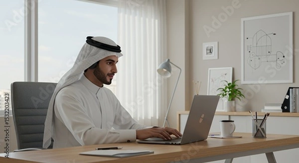 Obraz Arab Man Working From Home Office