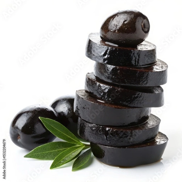 Obraz Stacked black olive slices with fresh green leaves