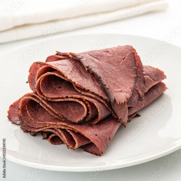 Obraz Folded roast beef deli meat slices on a plate