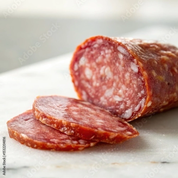 Obraz Sliced salami on a marble surface