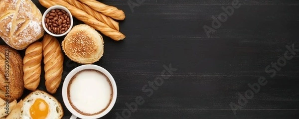 Fototapeta A variety of fresh baked bread, a fried egg, and a cup of coffee arranged on a dark wooden surface.