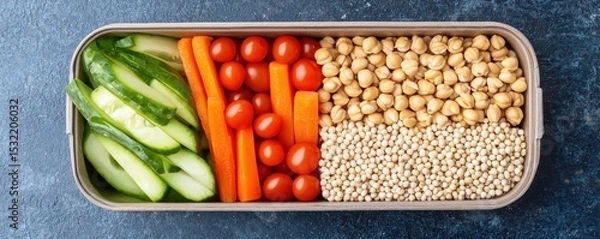 Fototapeta A bento box filled with fresh cucumber slices, cherry tomatoes, carrot sticks, chickpeas, and quinoa arranged in neat sections.