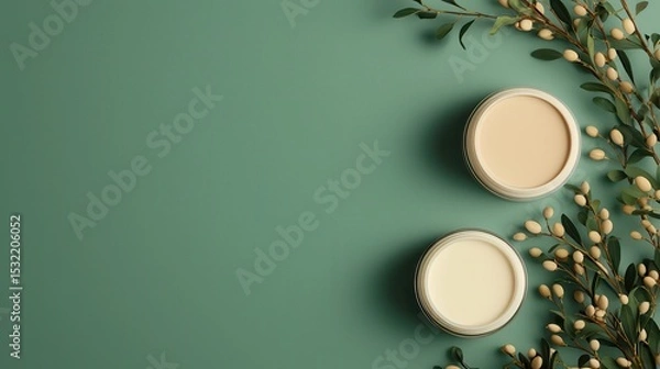 Fototapeta Two open jars of cream on a green surface with decorative branches placed around them, creating a natural and elegant aesthetic.