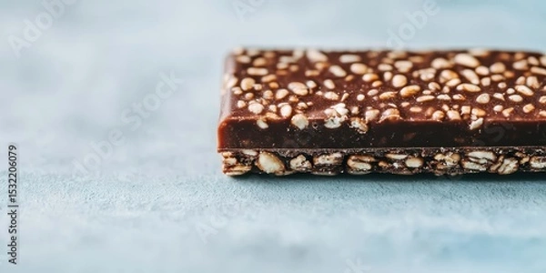 Fototapeta A close-up view of a chocolate bar with puffed rice pieces embedded inside, resting on a light surface.