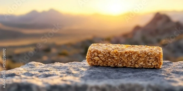 Fototapeta A granola bar rests on a rocky surface with a scenic sunset and mountainous landscape in the background.