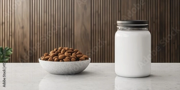 Fototapeta A white bowl filled with almonds sits next to a large sealed white jar on a marble countertop, set against a wooden paneled background.