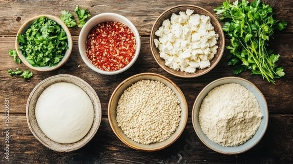 Fototapeta Various spices, herbs, grains, and flour are arranged in ceramic bowls on a rustic wooden surface.