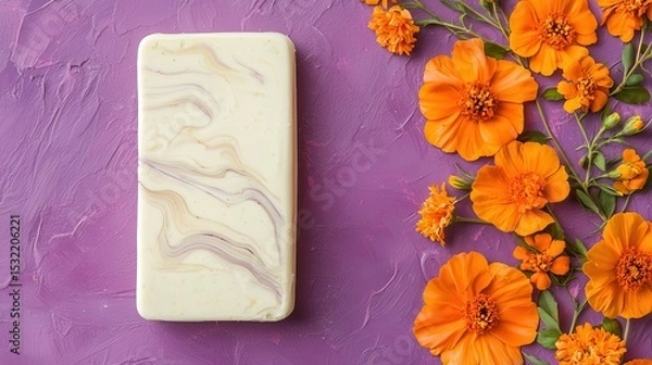 Fototapeta A white marbled soap bar on a textured purple surface with vibrant orange flowers arranged beside it.