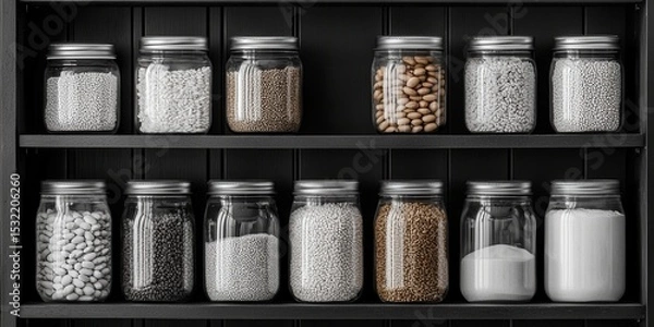 Fototapeta Shelves displaying various glass jars filled with different types of white and brown beans, grains, and powders, neatly organized in a monochrome setting.