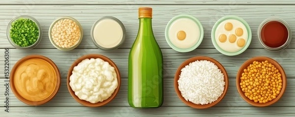 Fototapeta Various vegan protein sources including peas, beans, soy milk, tofu, peanut butter, cottage cheese, rice, and lentils arranged in bowls and a bottle.