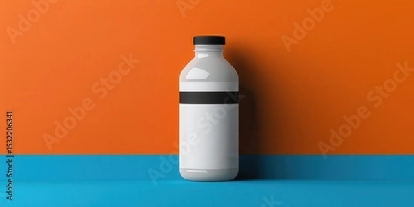 Fototapeta A white plastic bottle with a black cap and label sits against an orange and blue background, casting a shadow to the right.
