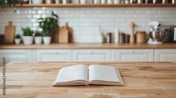 Fototapeta Open book on a wooden kitchen countertop with potted herbs and kitchen utensils in the background.