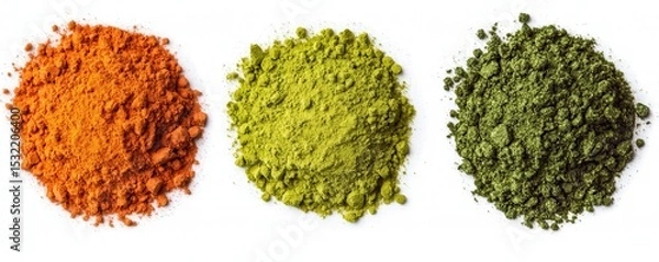 Fototapeta Three colorful powder piles in orange, yellow-green, and dark green are arranged in a row on a white background.