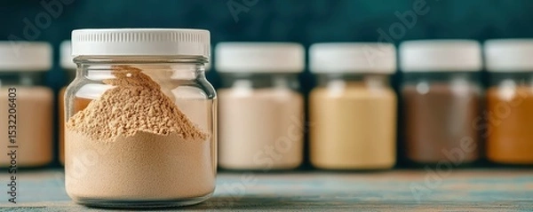 Fototapeta A close-up of a glass jar filled with brown powder, with several similar jars blurred in the background on a wooden surface.