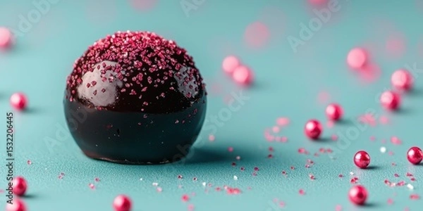 Fototapeta A glossy chocolate truffle decorated with pink sugar crystals, surrounded by scattered pink candy pearls on a turquoise surface.