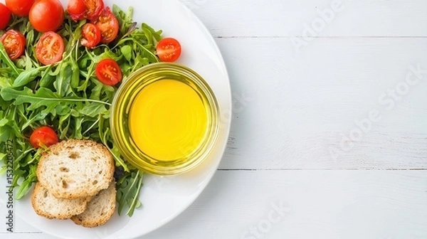 Fototapeta A fresh salad with cherry tomatoes and arugula, accompanied by crusty bread slices and a glass of golden olive oil on a white plate.