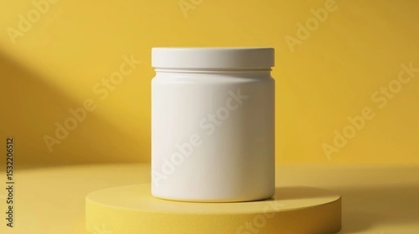 Fototapeta A plain white cylindrical container with a lid is placed on a round yellow platform against a matching yellow background.