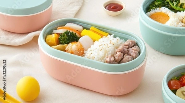Fototapeta A pastel pink and blue lunchbox filled with rice, meat, vegetables, and a small dish of sauce on a soft beige background.