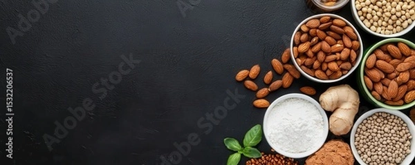 Fototapeta Various nuts, flour, and spices arranged in bowls on a dark surface, with some loose almonds and fresh basil leaves.