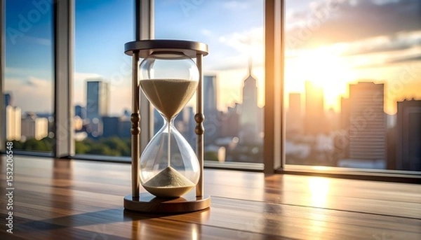 Fototapeta Hourglass on wooden desk in front of window with urban skyline, representing tight bu .