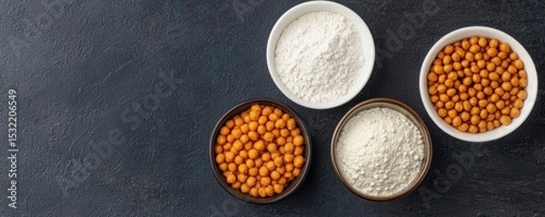 Fototapeta Four bowls containing flour and roasted chickpeas arranged on a dark textured surface.