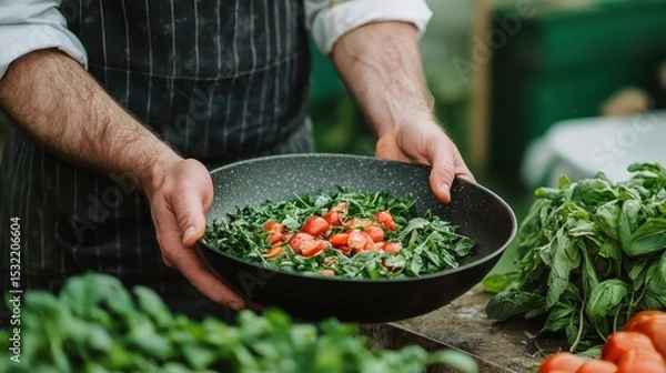 Fototapeta A person holds a pan filled with fresh greens and cherry tomatoes, surrounded by fresh vegetables on a wooden table.