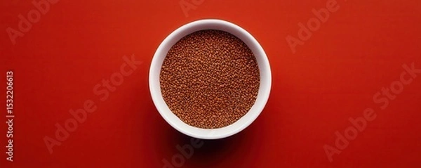Fototapeta A white bowl filled with tiny mustard seeds sits centered on a vibrant red background.