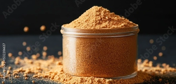 Fototapeta A clear glass jar filled and topped with finely ground brown powder, with some powder scattered on a dark surface around it.