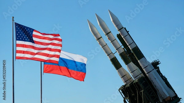 Fototapeta US and Russia Flags Waving Near Sleek Modern Missiles on Launch Platform
