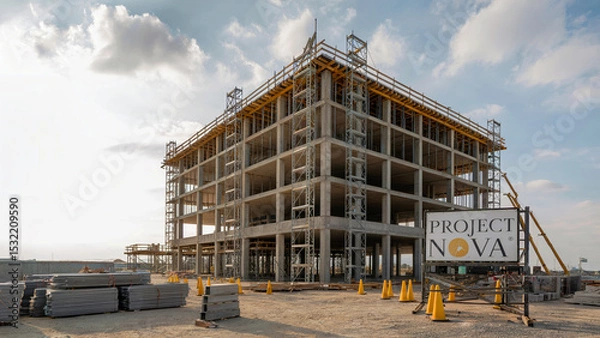 Fototapeta Building Under Construction with Scattered Tools and Materials on Site