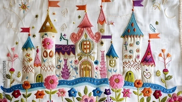 Obraz A whimsical embroidery design of a fairy tale castle with towers and banners, surrounded by flowers, on a white fabric.
