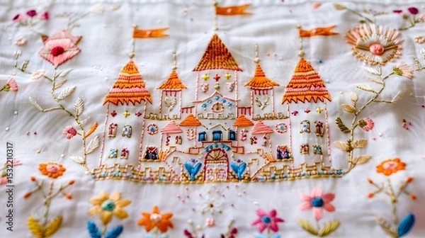 Fototapeta A whimsical embroidery design of a fairy tale castle with towers and banners, surrounded by flowers, on a white fabric.