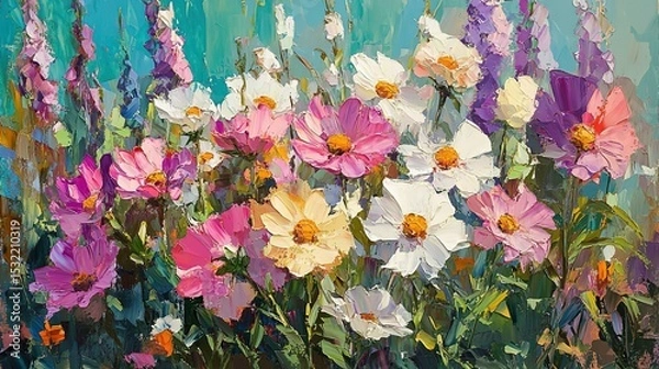 Fototapeta Vibrant painting of blooming flowers with multicolored petals in intricate detail, capturing natural beauty and joy. Ideal for decorative art, home design, greeting cards, wallpaper, or creative proje