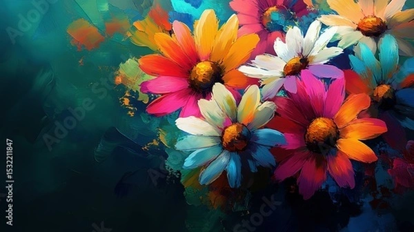 Fototapeta Vibrant painting of blooming flowers with multicolored petals in intricate detail, capturing natural beauty and joy. Ideal for decorative art, home design, greeting cards, wallpaper, or creative proje